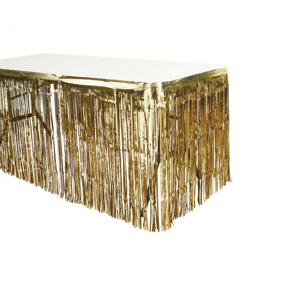 Fringe Table Skirts | Metallic Foil Table Skirt 14Ft – Gold Fringe Table Skirts Fringe Table Skirts