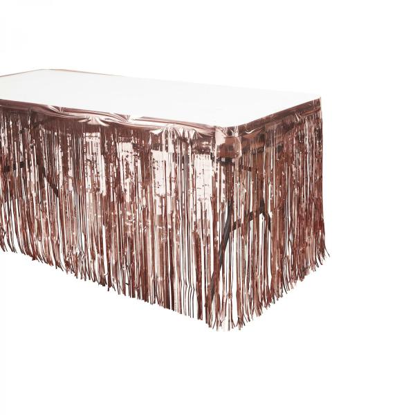 Fringe Table Skirts | Metallic Foil Table Skirt 14Ft – Rose Gold Fringe Table Skirts Fringe Table Skirts