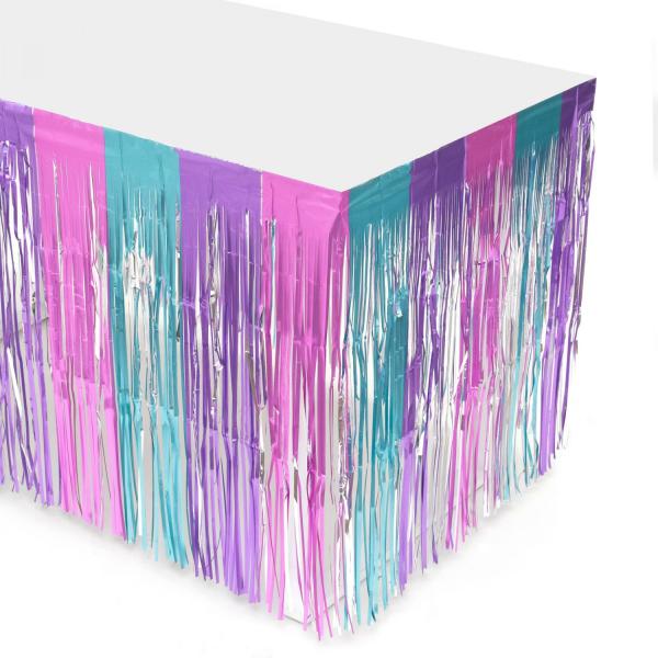 Fringe Table Skirts | Pastel Rainbow Metallic Foil Table Skirt 14Ft Fringe Table Skirts Fringe Table Skirts