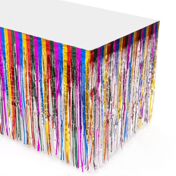 Fringe Table Skirts | Rainbow Metallic Foil Table Skirt 14Ft Fringe Table Skirts Fringe Table Skirts