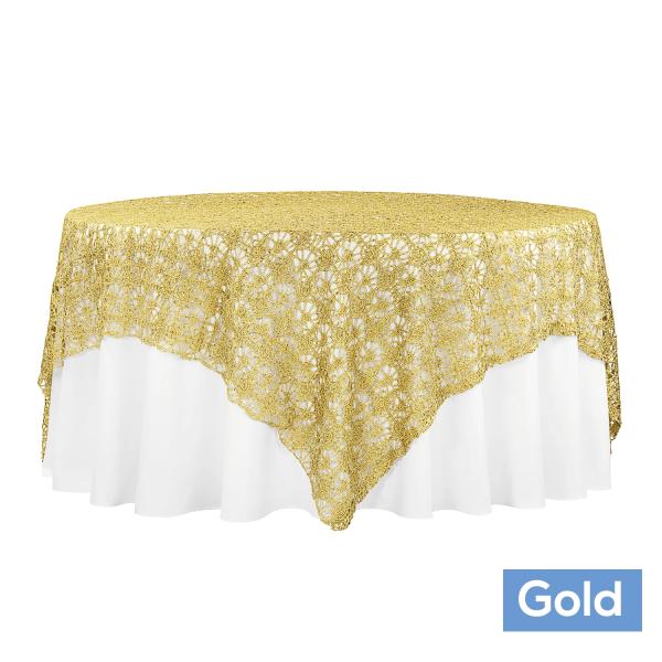 Lace And Embroidery Overlays | Dazzle Sequin Lace Square Table Topper/Overlay – 90"X90" – Gold Lace And Embroidery Overlays Lace And Embroidery Overlays