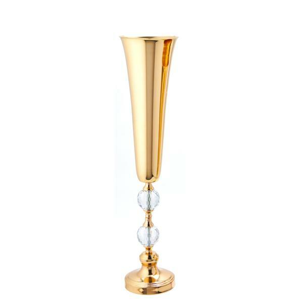 Metal Centerpieces | Gold Aluminum Trumpet Vase With Crystal – 26" Metal Centerpieces Metal Centerpieces