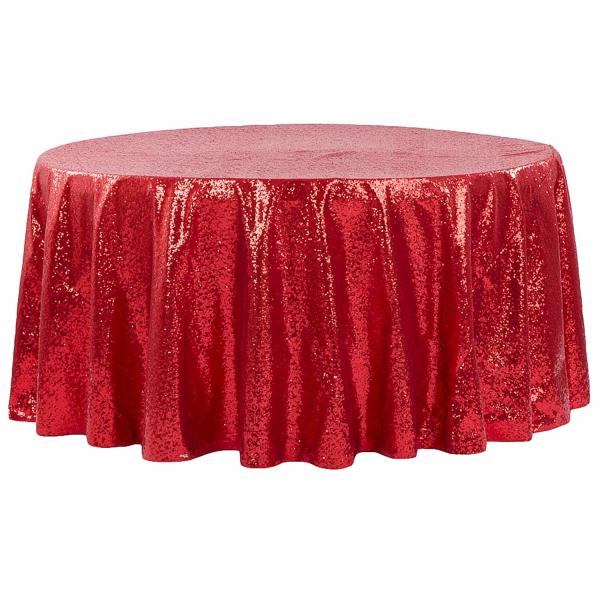 Sequin Tablecloths | 120" Round Sequin Tablecloth – Apple Red Sequin Tablecloths Sequin Tablecloths