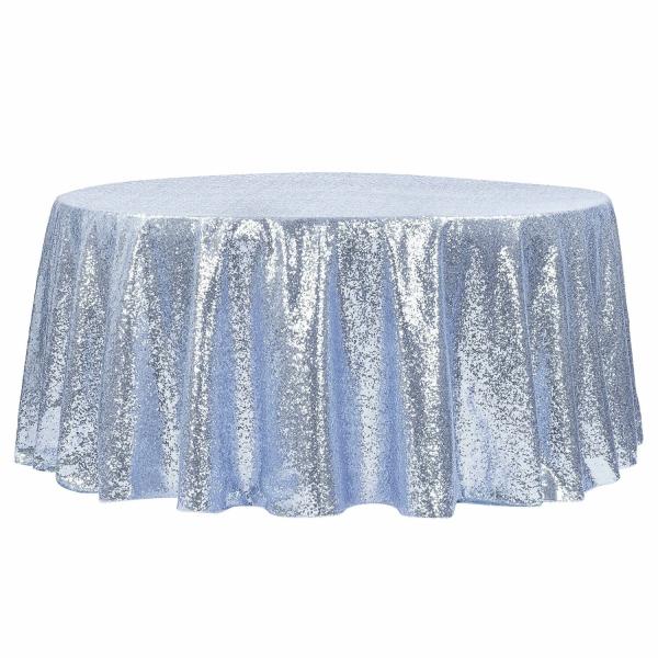 Sequin Tablecloths | 120" Round Sequin Tablecloth – Dusty Blue Sequin Tablecloths Sequin Tablecloths