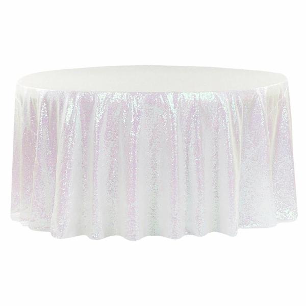 Sequin Tablecloths | 120" Round Sequin Tablecloth – Iridescent White Sequin Tablecloths Sequin Tablecloths