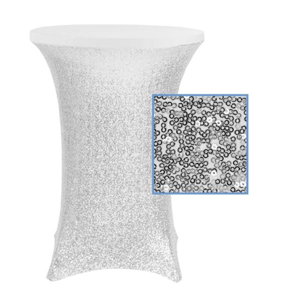 Sequin Tablecloths | Perfect Fit Sequin Spandex Cocktail Table Cover 30"-32" Round – Silver Sequin Tablecloths Sequin Tablecloths