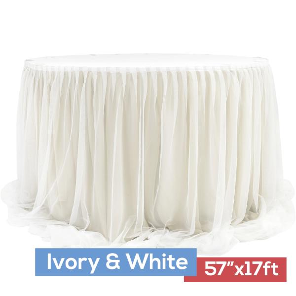 Tulle Table Skirts | Sheer Two Tone Tulle Table Skirt Extra Long 57" X 17Ft – Ivory & White Table Linens & Table Skirts Tulle Table Skirts