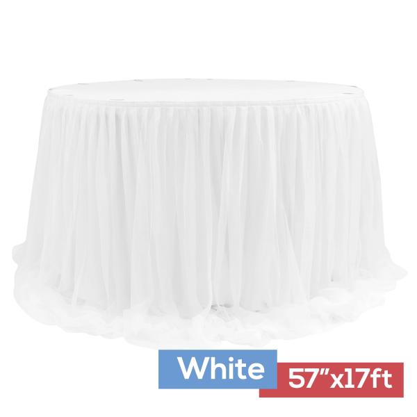 Tulle Table Skirts | Sheer Two Tone Tulle Table Skirt Extra Long 57" X 17Ft – White Table Linens & Table Skirts Tulle Table Skirts