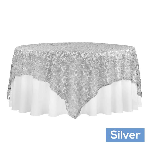 Lace And Embroidery Overlays | Dazzle Sequin Lace Square Table Topper/Overlay – 90"X90" – Silver Lace And Embroidery Overlays Lace And Embroidery Overlays