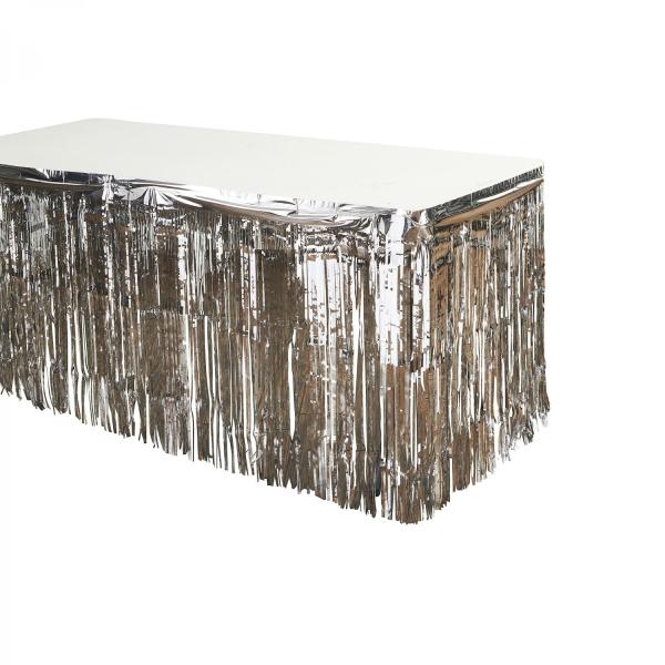 Fringe Table Skirts | Metallic Foil Table Skirt 14Ft – Silver Fringe Table Skirts Fringe Table Skirts