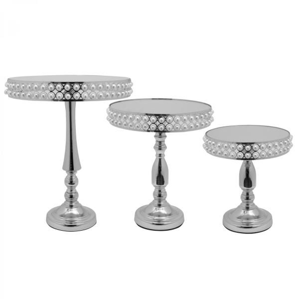 Cake & Dessert Stands | Metal Round Pearl Beaded Cake Stand 3Pc/Set – Silver Cake & Dessert Stands Cake & Dessert Stands